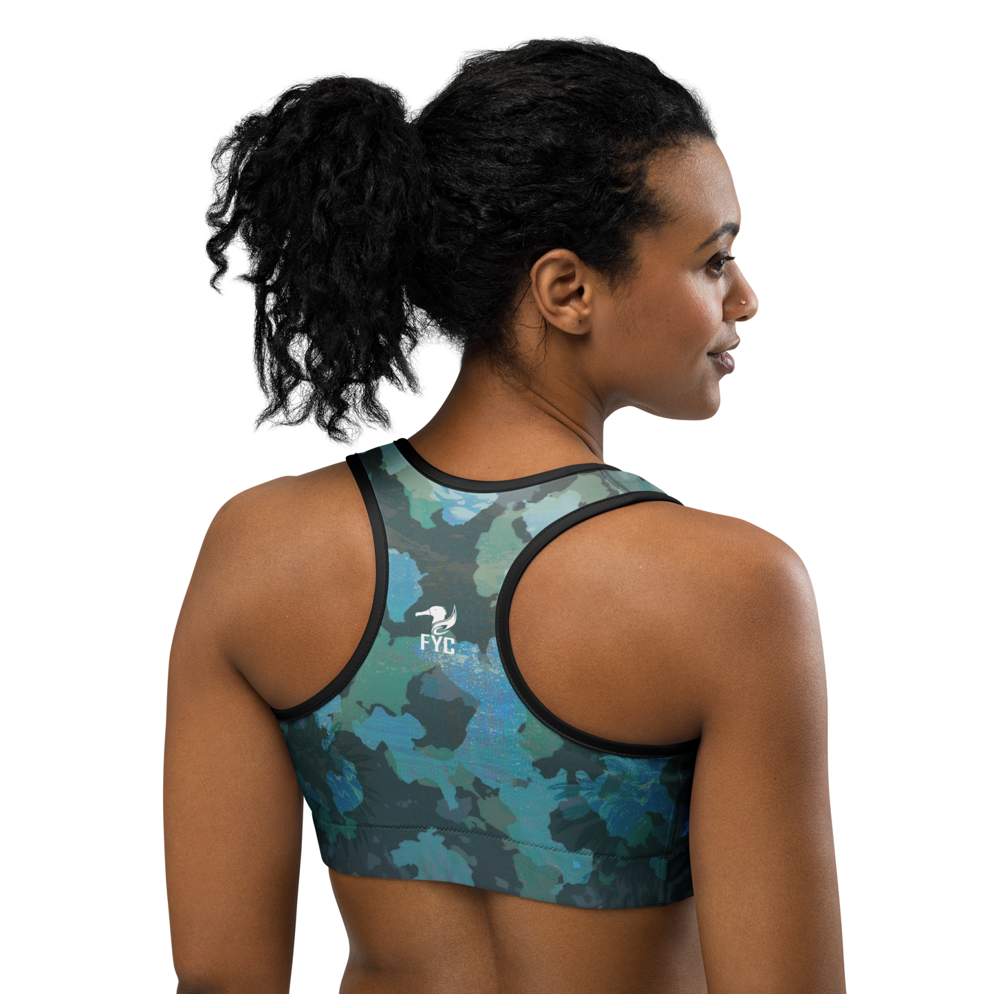 Moisture Wicking Ocean Camo Sports Bra (White & Black Piping)