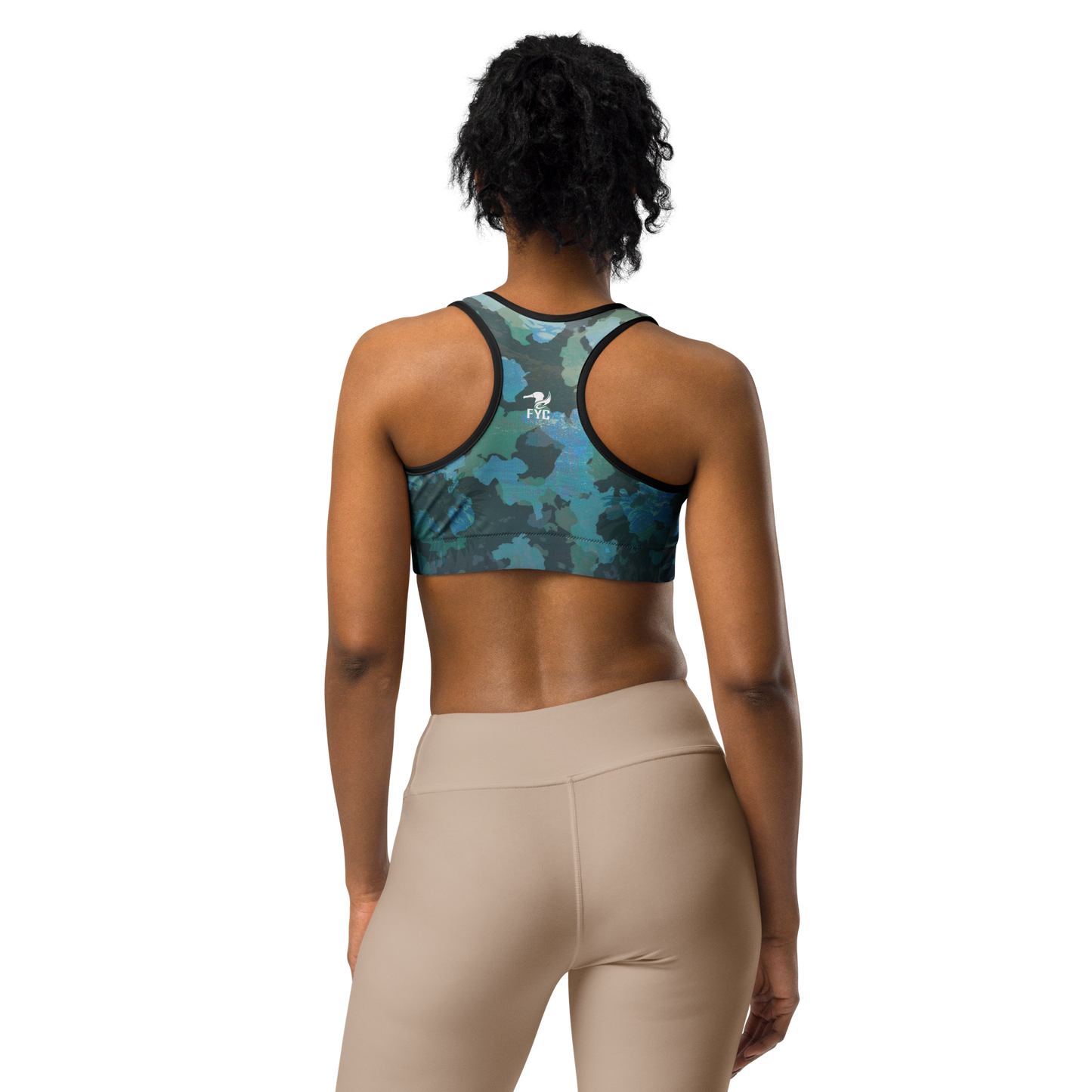 Moisture Wicking Ocean Camo Sports Bra (White & Black Piping)