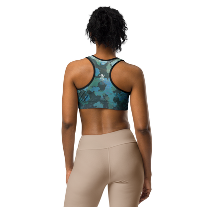 Moisture Wicking Ocean Camo Sports Bra (White & Black Piping)
