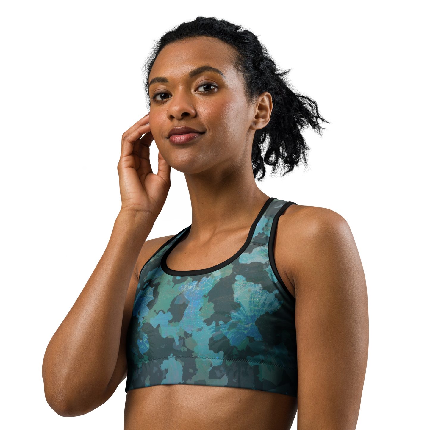 Moisture Wicking Ocean Camo Sports Bra (White & Black Piping)