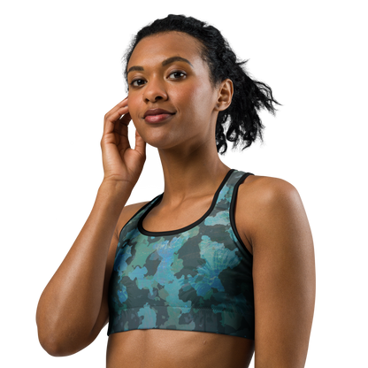 Moisture Wicking Ocean Camo Sports Bra (White & Black Piping)