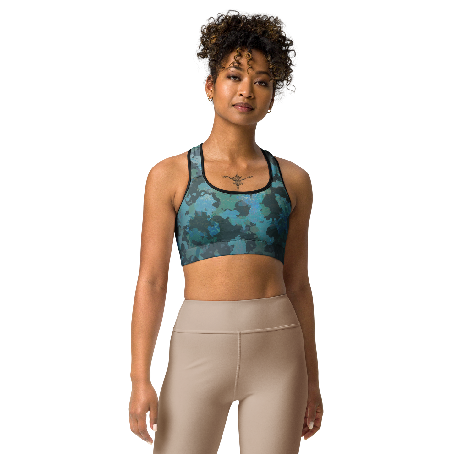 Moisture Wicking Ocean Camo Sports Bra (White & Black Piping)