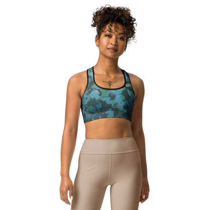 Moisture Wicking Ocean Camo Sports Bra (White & Black Piping)