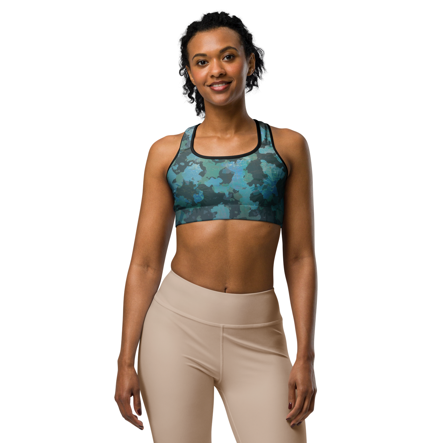 Moisture Wicking Ocean Camo Sports Bra (White & Black Piping)