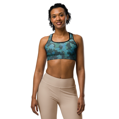 Moisture Wicking Ocean Camo Sports Bra (White & Black Piping)