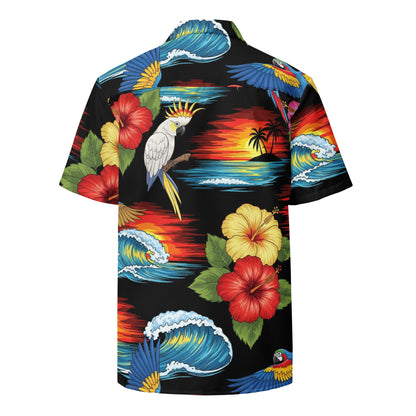 Tropic Scenes Black  Aloha Unisex Button Hawaiian Shirt