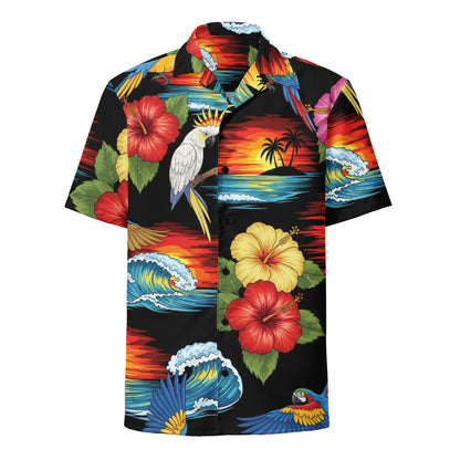 Tropic Scenes Black  Aloha Unisex Button Hawaiian Shirt