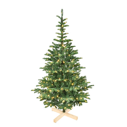 6ft Pre-Lit Christmas Tree With 300 Warm White LED Lights, 611 PE+PVC Tips, Realistic Layered Look, Unique Wooden Base –
