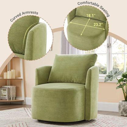 360° Swivel Chair, 29.9' Accent Barrel Armchair, Upholstered With Curved Design, Green Chenille, for Living Room and Off