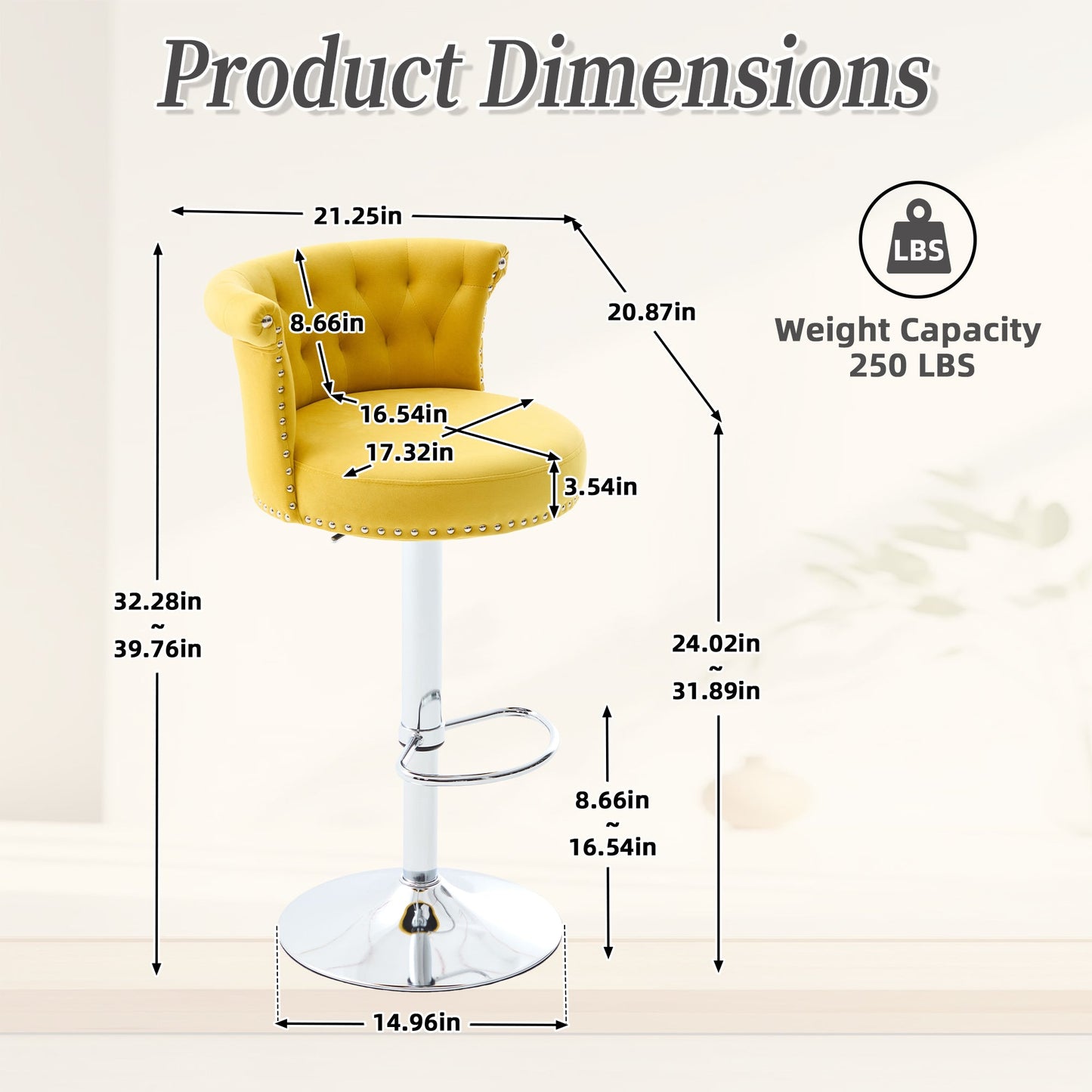 Velvet Bar Stool Set of 2, Adjustable Swivel Bar Stools With Silver Plated Metal Leg, Chrome Nailhead, Counter Height Ch