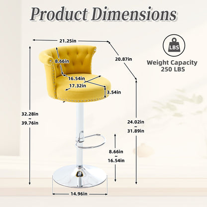 Velvet Bar Stool Set of 2, Adjustable Swivel Bar Stools With Silver Plated Metal Leg, Chrome Nailhead, Counter Height Ch