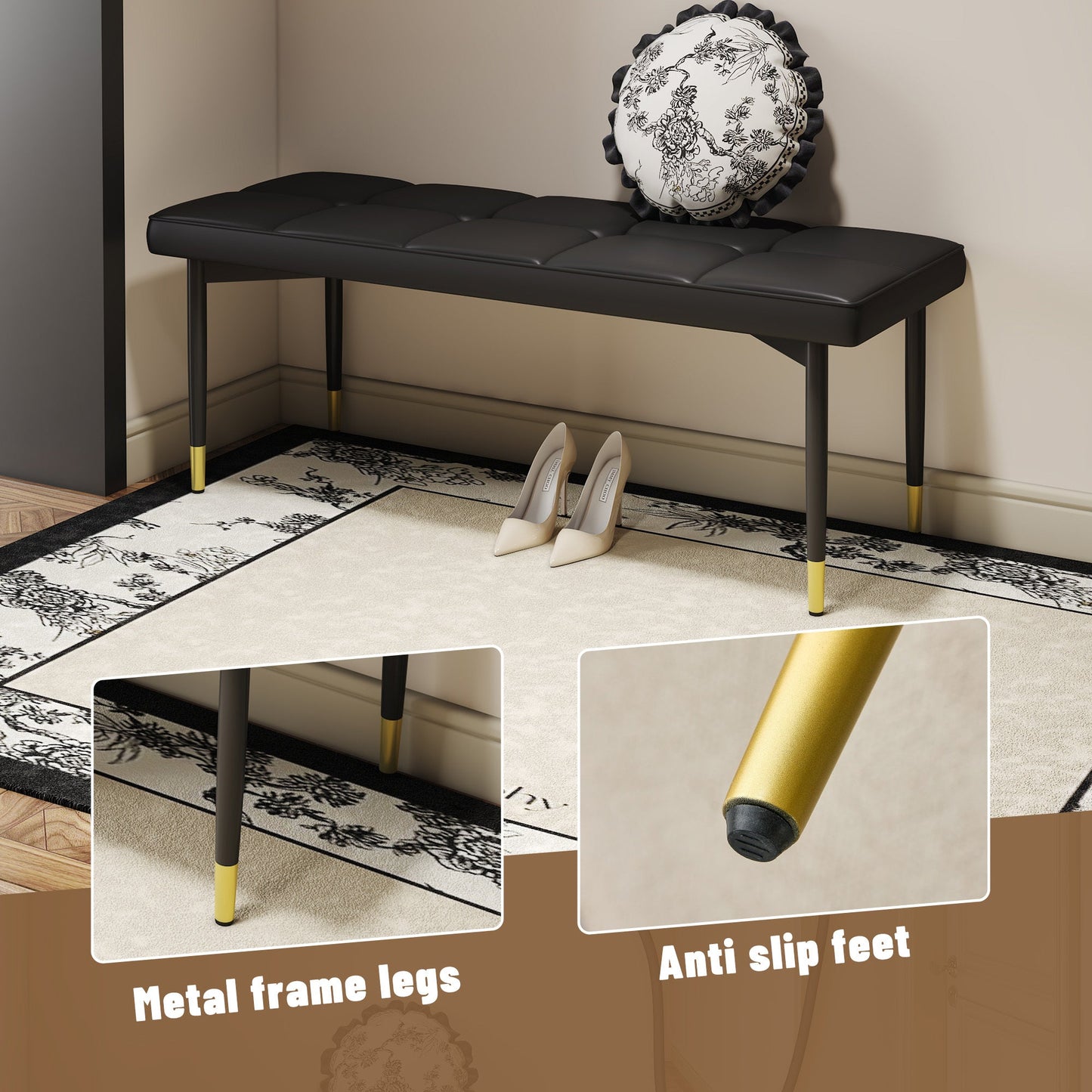 47*16 Inch Multifunctional Black Shoe Bench - Faux PU Cushion, Sturdy Metal Legs With Gold Accents.Suitable for Bedroom,