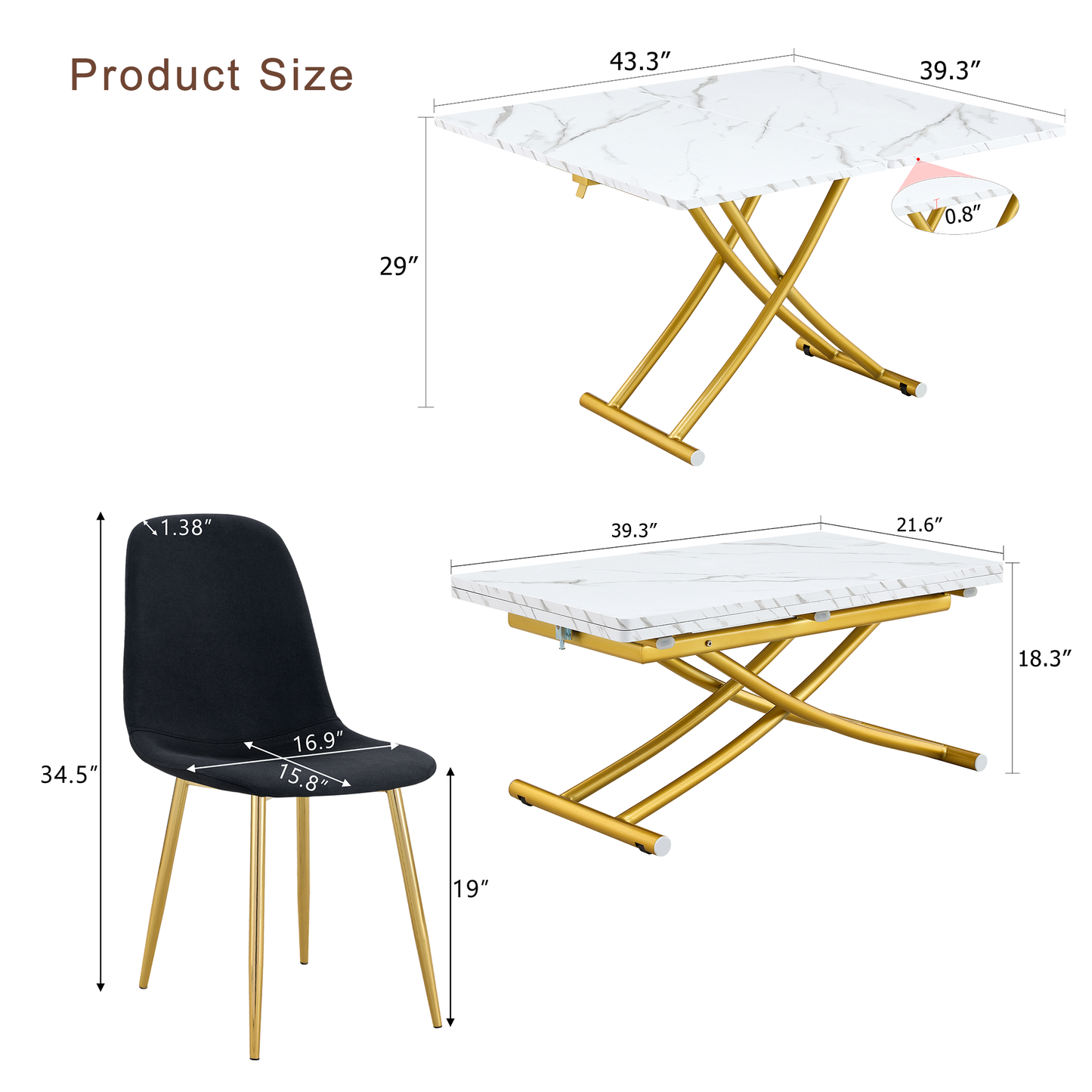 Table and Chair Set. Modern Multifunctional Lifting Platform, White Textured Sticker MDF Desktop, Gold Metal Legs. Paire