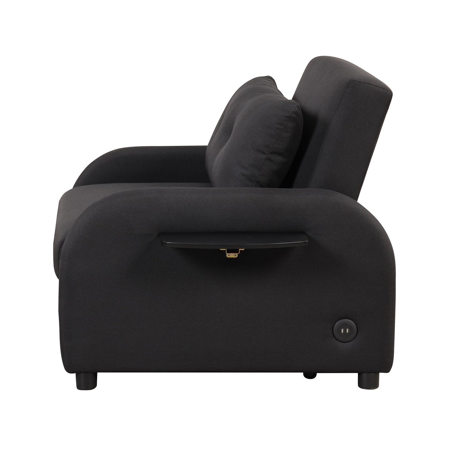 3-In-1 Pull Out Sofa Sleeper With Wing Table and USB Charge, Black Linen Upholstery, Iron Frame