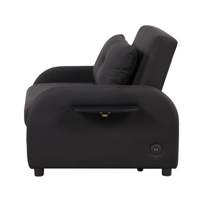 3-In-1 Pull Out Sofa Sleeper With Wing Table and USB Charge, Black Linen Upholstery, Iron Frame