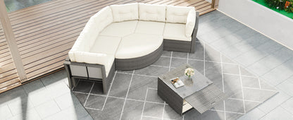 Patio Furniture Set Outdoor Daybed Rattan Sectional With Cushions and Center Table, Beige, Iron & Rattan, Multiple Sizes