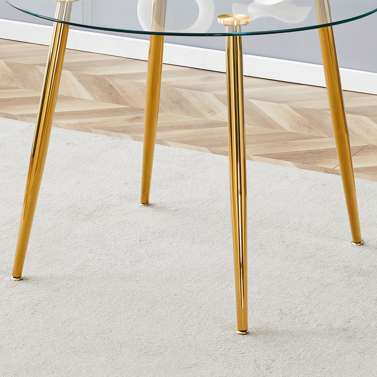Table and Chair Set.39.7 Inch Diameter Modern Luxury Glass Dining Table and Chair Set - Gold Metal Legs.Paired With 4 WH
