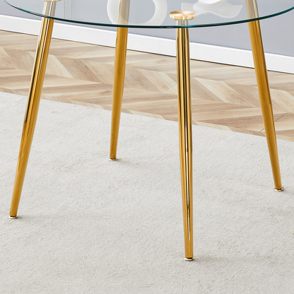 Table and Chair Set.39.7 Inch Diameter Modern Luxury Glass Dining Table and Chair Set - Gold Metal Legs.Paired With 4 WH