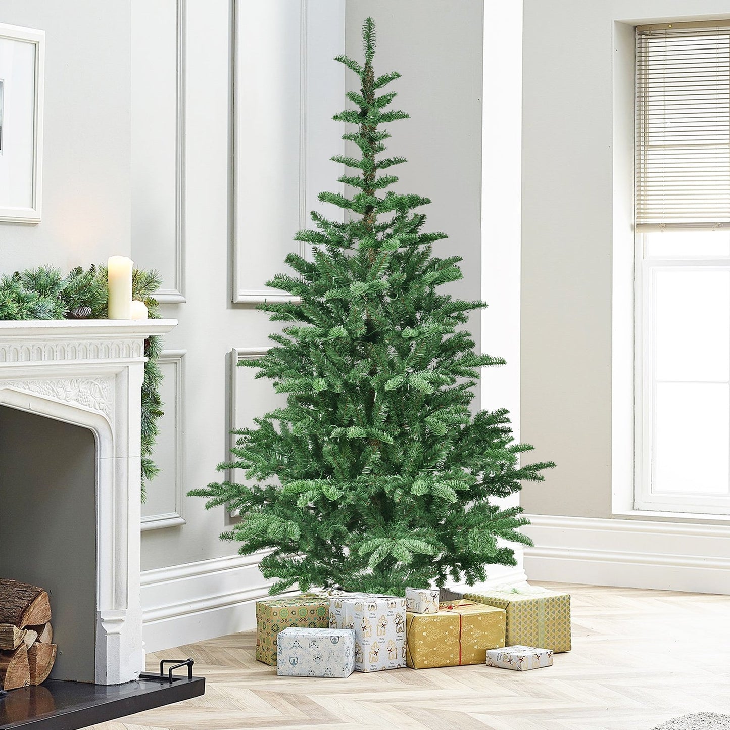 6ft Pre-Lit Christmas Tree With 300 Warm White LED Lights, 611 PE+PVC Tips, Realistic Layered Look, Unique Wooden Base –