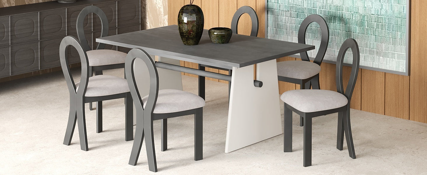 Modern 7-Piece Dining Table Set With Trestle Dining Table and 6 Upholstered Dining Chairs, Compact Kitchen Table Set For