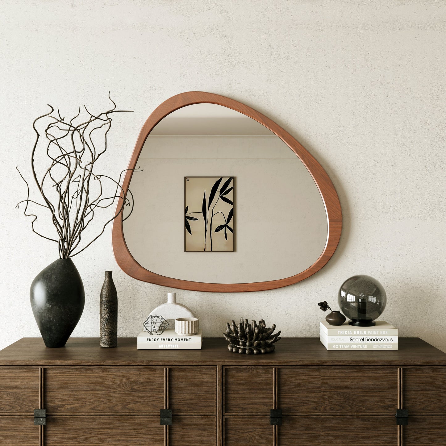 Solid Wood Mirror 45 Inch Asymmetrical Wall Mirror Wooden Framed Mirror Large Sized Dressing Mirror, for Living Room, Be