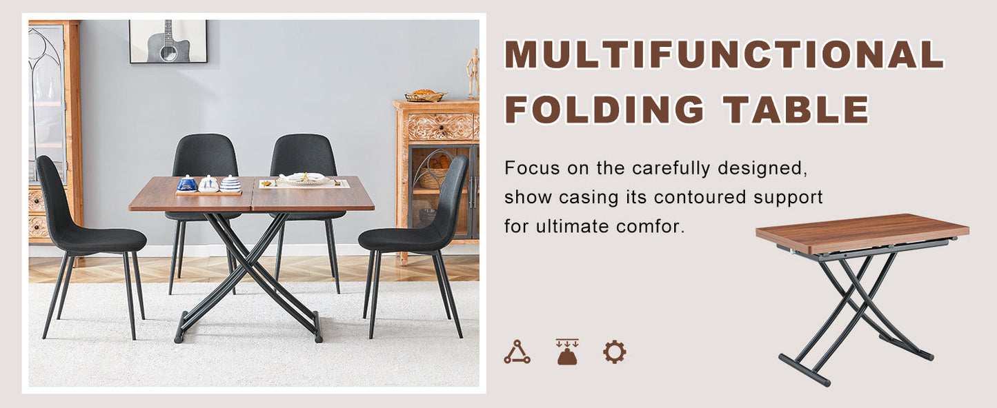 Table and Chair set.Modern Multifunctional Lifting Platform,Walnut Wood Grain Sticker MDF Desktop, Black Metal Legs.Pair