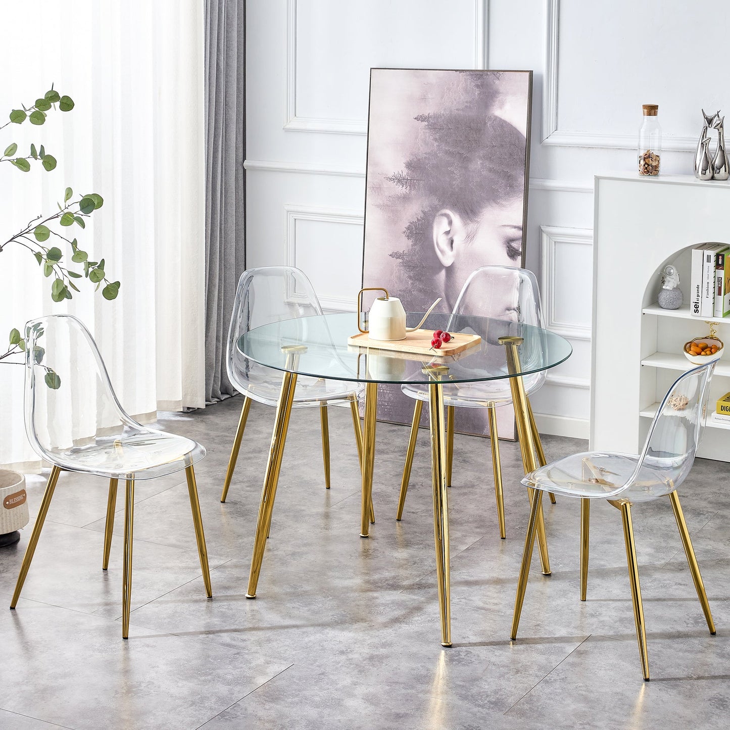 A Glass Tabletop With a Diameter of 40 Inches and a Modern Minimalist Circular Dining Table With Gold Plated Metal Legs.