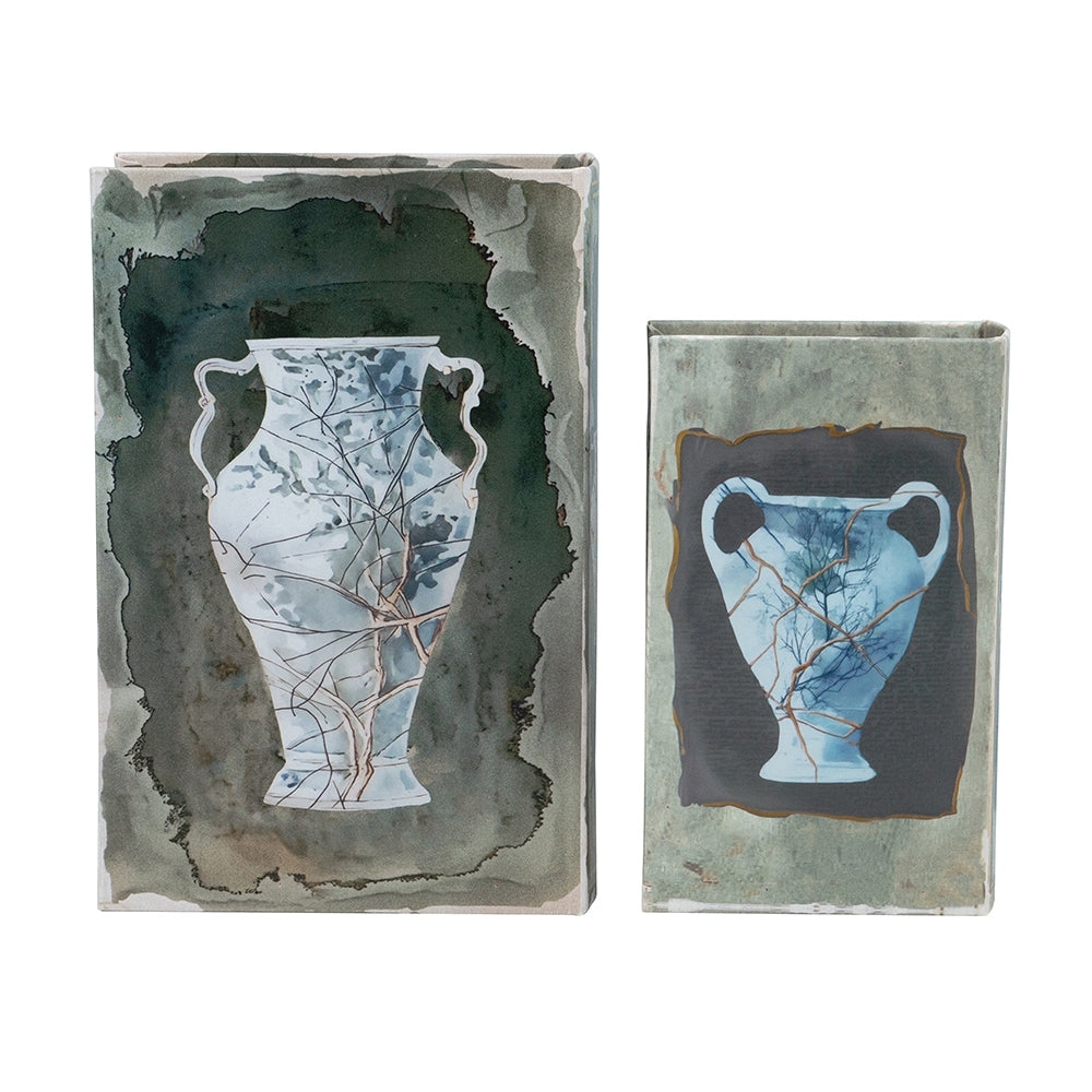 Set of 2 Decorative Book Boxes With Blue and Gold Vase Motifs, L:7x3x10.5' S:5x2x8.3'