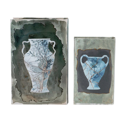 Set of 2 Decorative Book Boxes With Blue and Gold Vase Motifs, L:7x3x10.5' S:5x2x8.3'