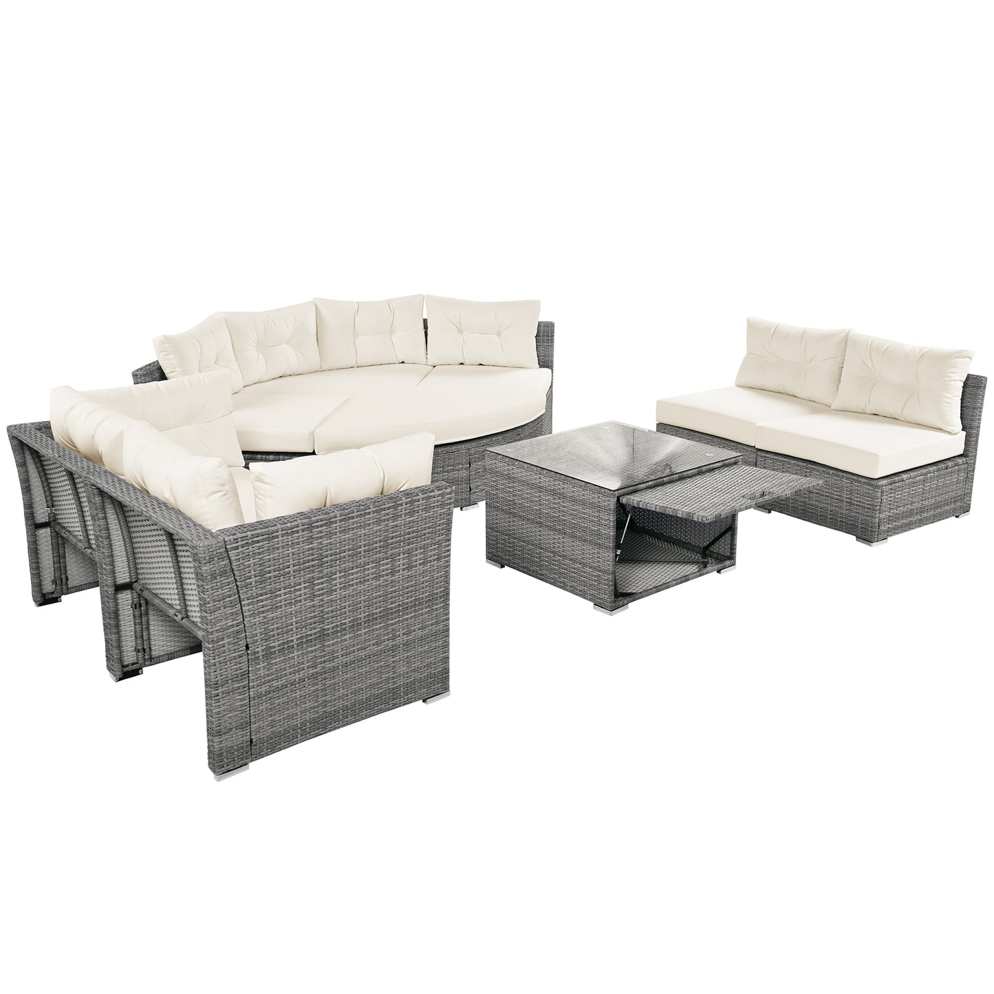Patio Furniture Set Outdoor Daybed Rattan Sectional With Cushions and Center Table, Beige, Iron & Rattan, Multiple Sizes
