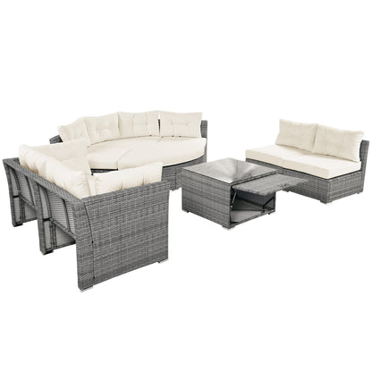Patio Furniture Set Outdoor Daybed Rattan Sectional With Cushions and Center Table, Beige, Iron & Rattan, Multiple Sizes