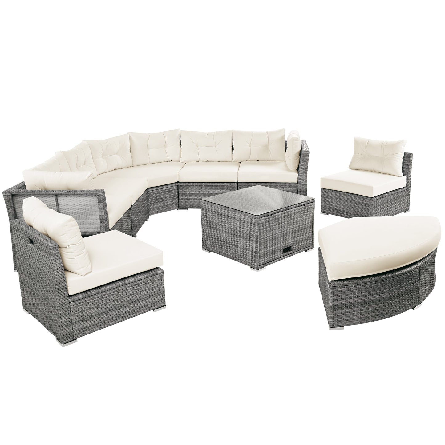 Patio Furniture Set Outdoor Daybed Rattan Sectional With Cushions and Center Table, Beige, Iron & Rattan, Multiple Sizes