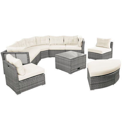 Patio Furniture Set Outdoor Daybed Rattan Sectional With Cushions and Center Table, Beige, Iron & Rattan, Multiple Sizes