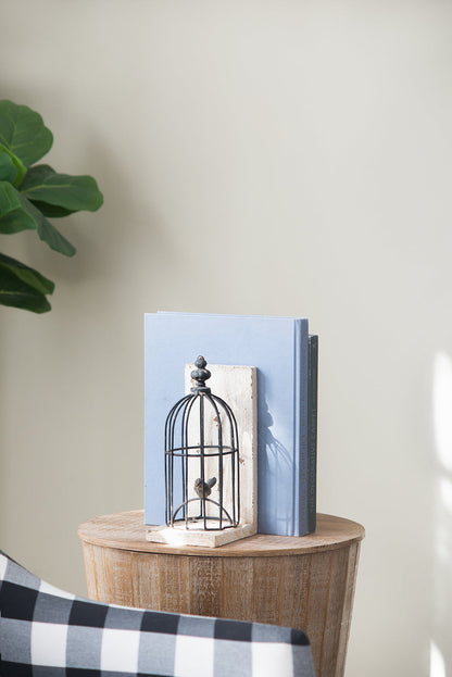 S/2 5.5x4.5x10'  Distressed Black Bird Cage Bookend, Antique White