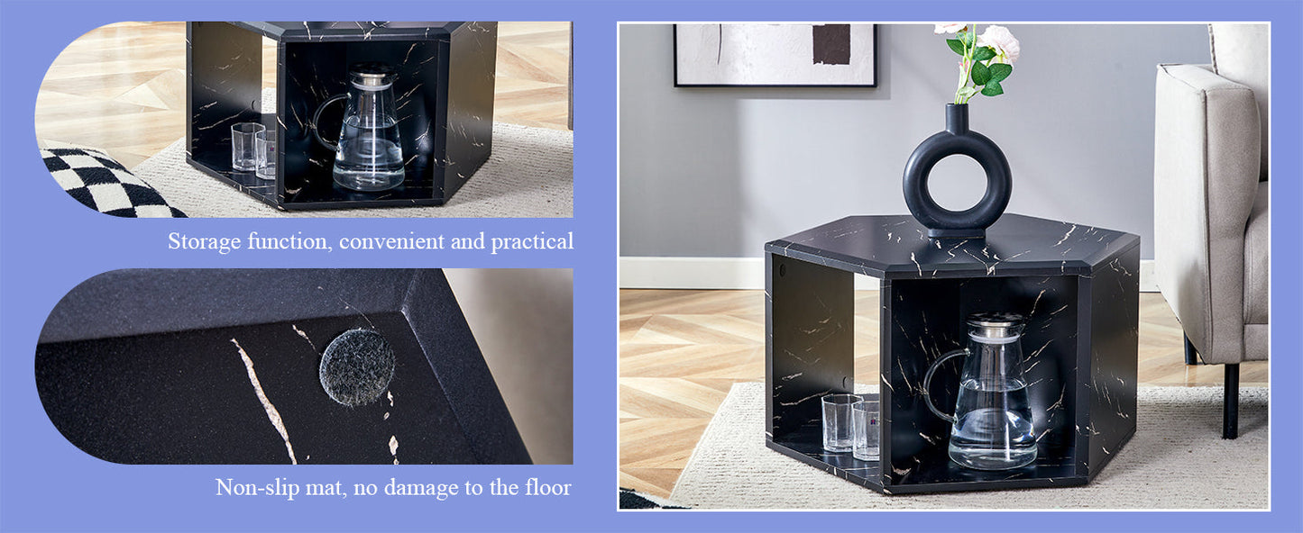 Hexagonal MDF Coffee Table, Characteristic Pattern Stickers, Multi-Hole Design to Give More Storage Space, Simple and Co