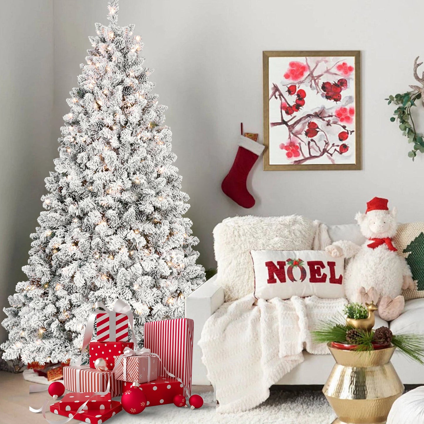 8FT Flocked Christmas Tree With 700 UL Lights and 54 Natural Pine Cones – Snowy PVC Tips, 1754 Tips, Hinged Structure, S