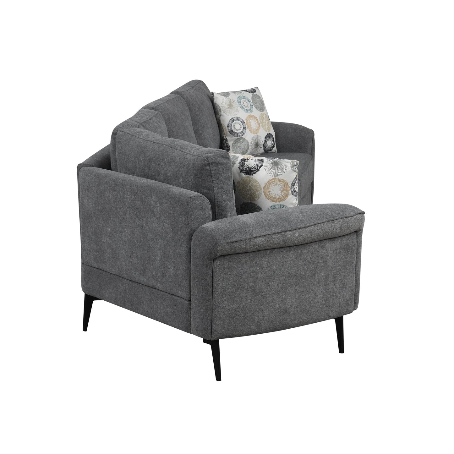 111' Upholstered 3-Seater Sofa Curved Sofa Couch With Two Printed Pillows for Living Room, Dark Gray