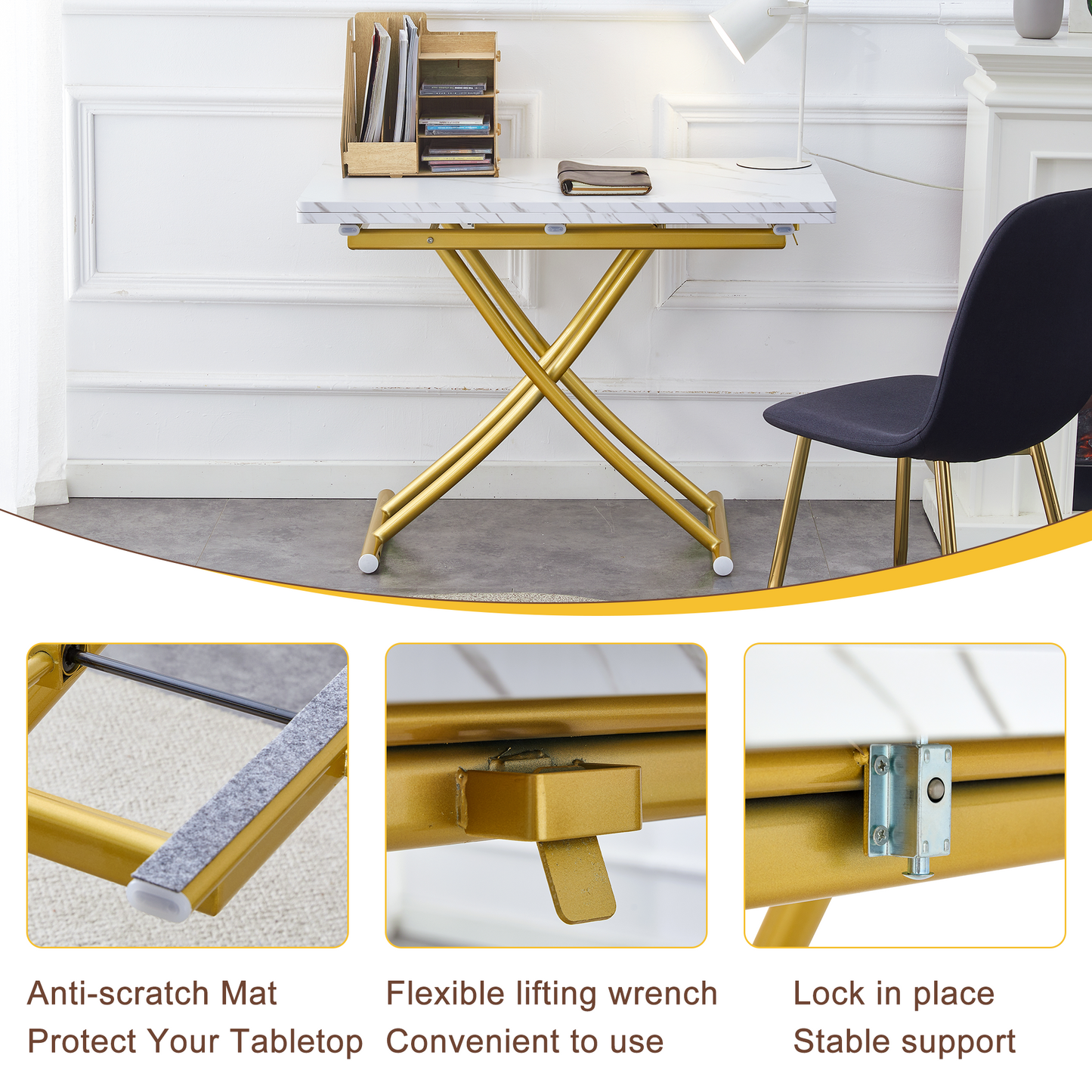 Table and Chair Set. Modern Multifunctional Lifting Platform, White Textured Sticker MDF Desktop, Gold Metal Legs. Paire