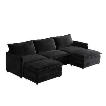 Corduroy Fabric 3-Seater Comfy Cloud Couch With 2 Movable Footrest for Living Room,Oversized Deep Seat U Shaped Couch Se