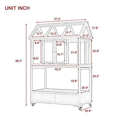 Garden Wood Portable Cold Frame With Movable Wheels Mini Greenhouse With Openable Roof and Storage Box, Forest Green