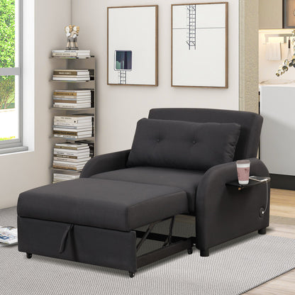 3-In-1 Pull Out Sofa Sleeper With Wing Table and USB Charge, Black Linen Upholstery, Iron Frame