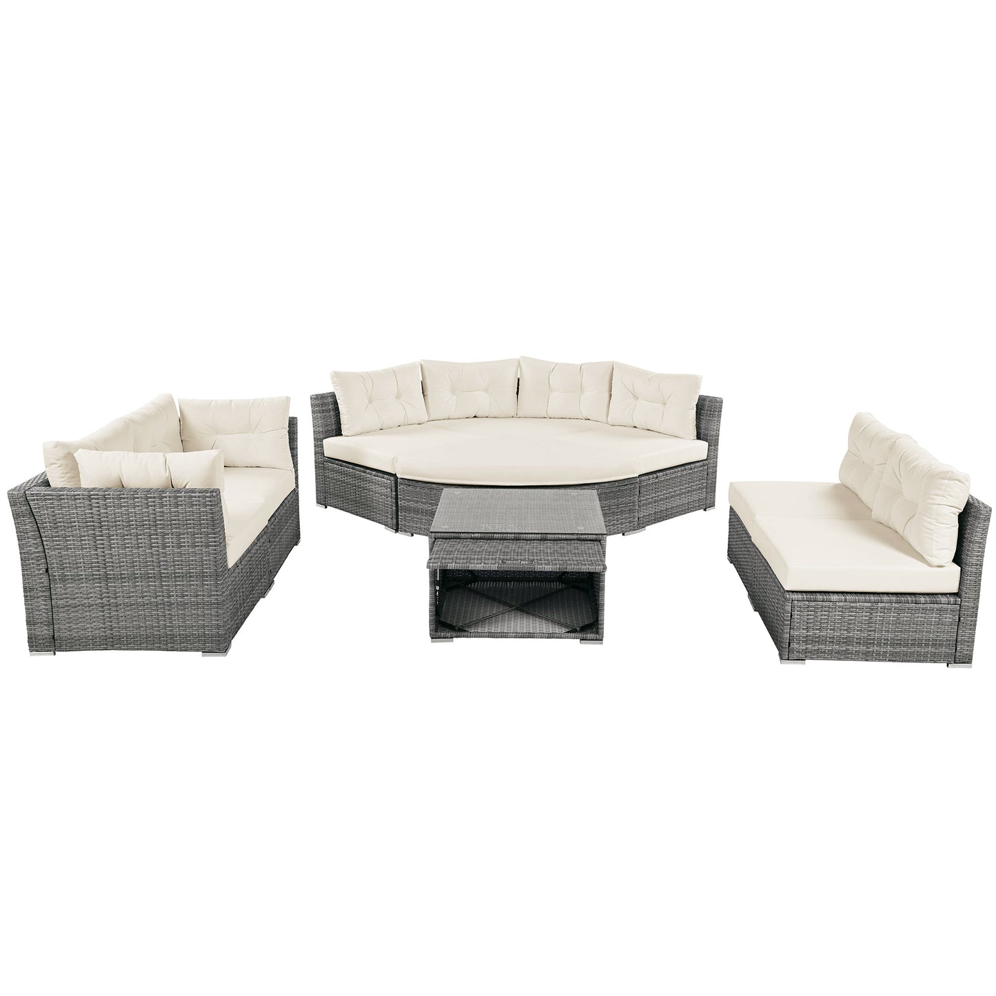 Patio Furniture Set Outdoor Daybed Rattan Sectional With Cushions and Center Table, Beige, Iron & Rattan, Multiple Sizes