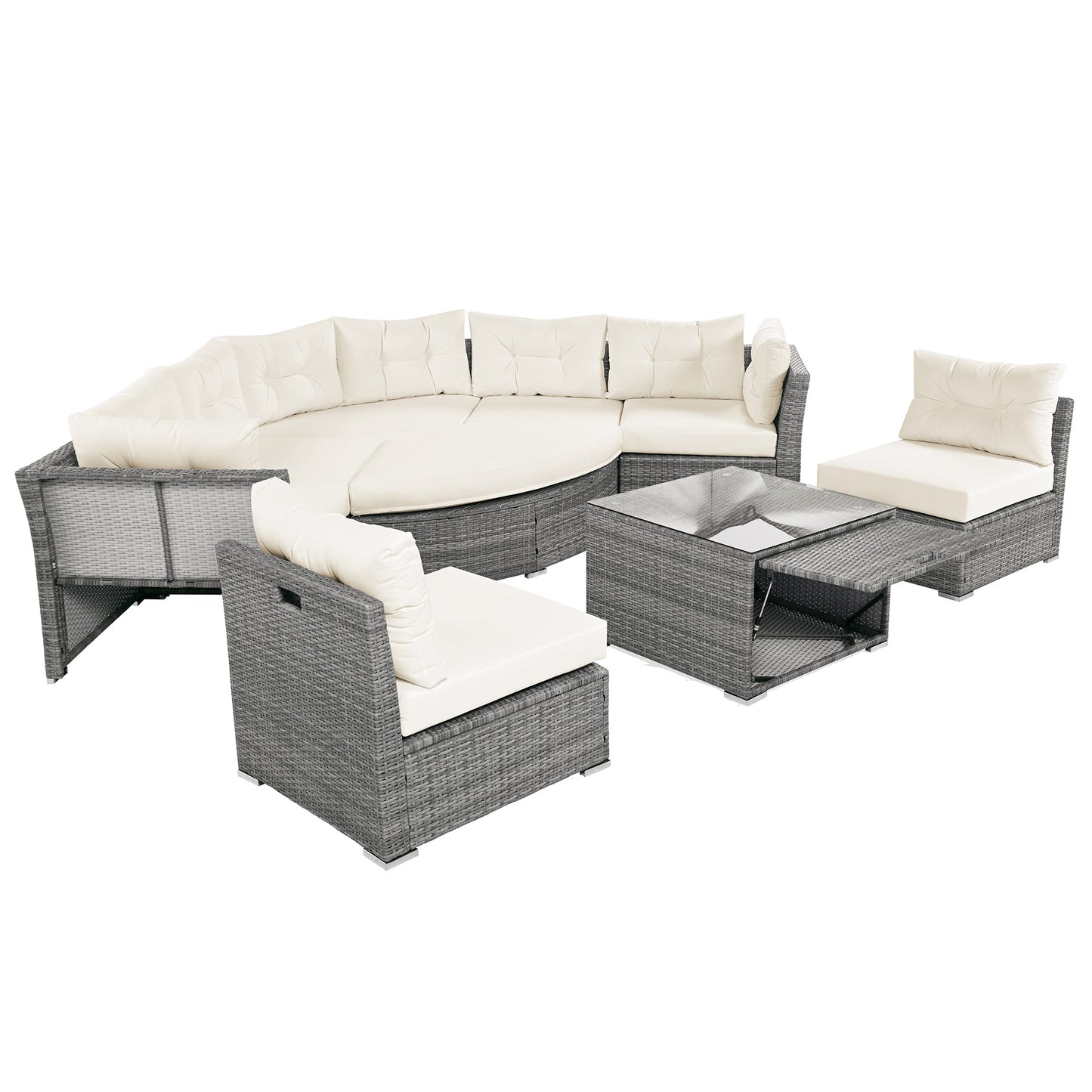 Patio Furniture Set Outdoor Daybed Rattan Sectional With Cushions and Center Table, Beige, Iron & Rattan, Multiple Sizes