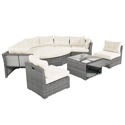 Patio Furniture Set Outdoor Daybed Rattan Sectional With Cushions and Center Table, Beige, Iron & Rattan, Multiple Sizes