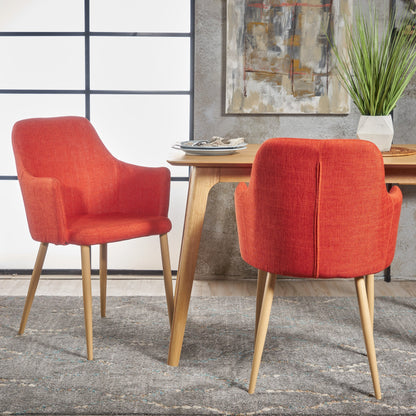 Mid Century Modern Fabric Upholstered Dining Chairs Armchairs in Muted Orange With Light Walnut Finish