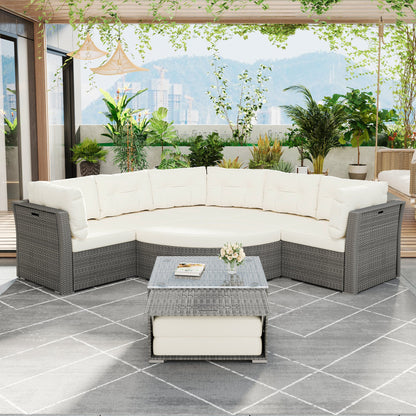 Patio Furniture Set Outdoor Daybed Rattan Sectional With Cushions and Center Table, Beige, Iron & Rattan, Multiple Sizes