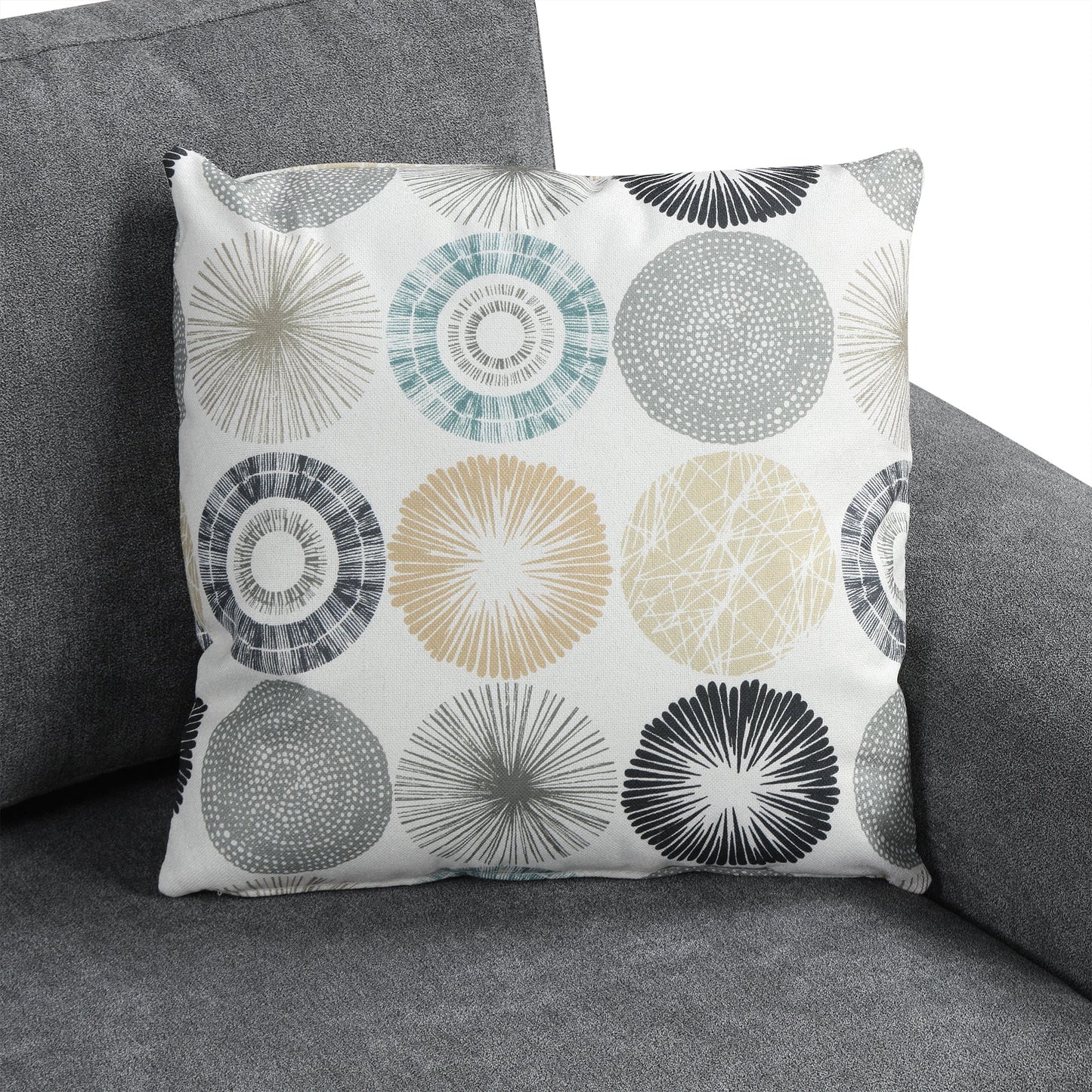 111' Upholstered 3-Seater Sofa Curved Sofa Couch With Two Printed Pillows for Living Room, Dark Gray