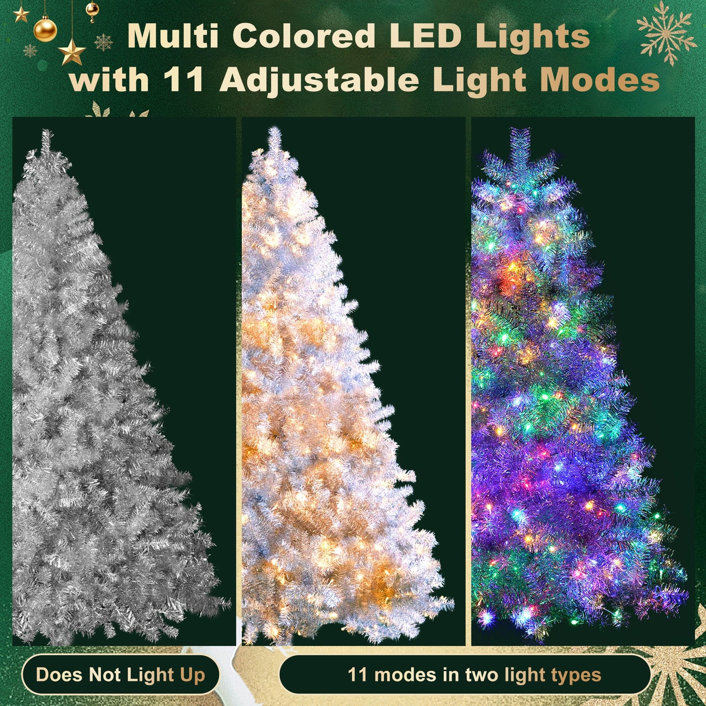 7.4FT, 6FT, 4FT Silver Pre-Lit Artificial Hinged Christmas Tree Set, Holiday Spruce Xmas Tree With 2400 Branch Tips, 850