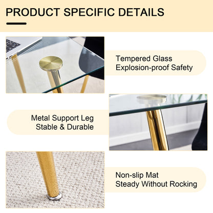 Modern Minimalist Rectangular Glass  Dining Table for 4-6 With 0.31' Tempered Glass Tabletop and Golden Plating Metal Le