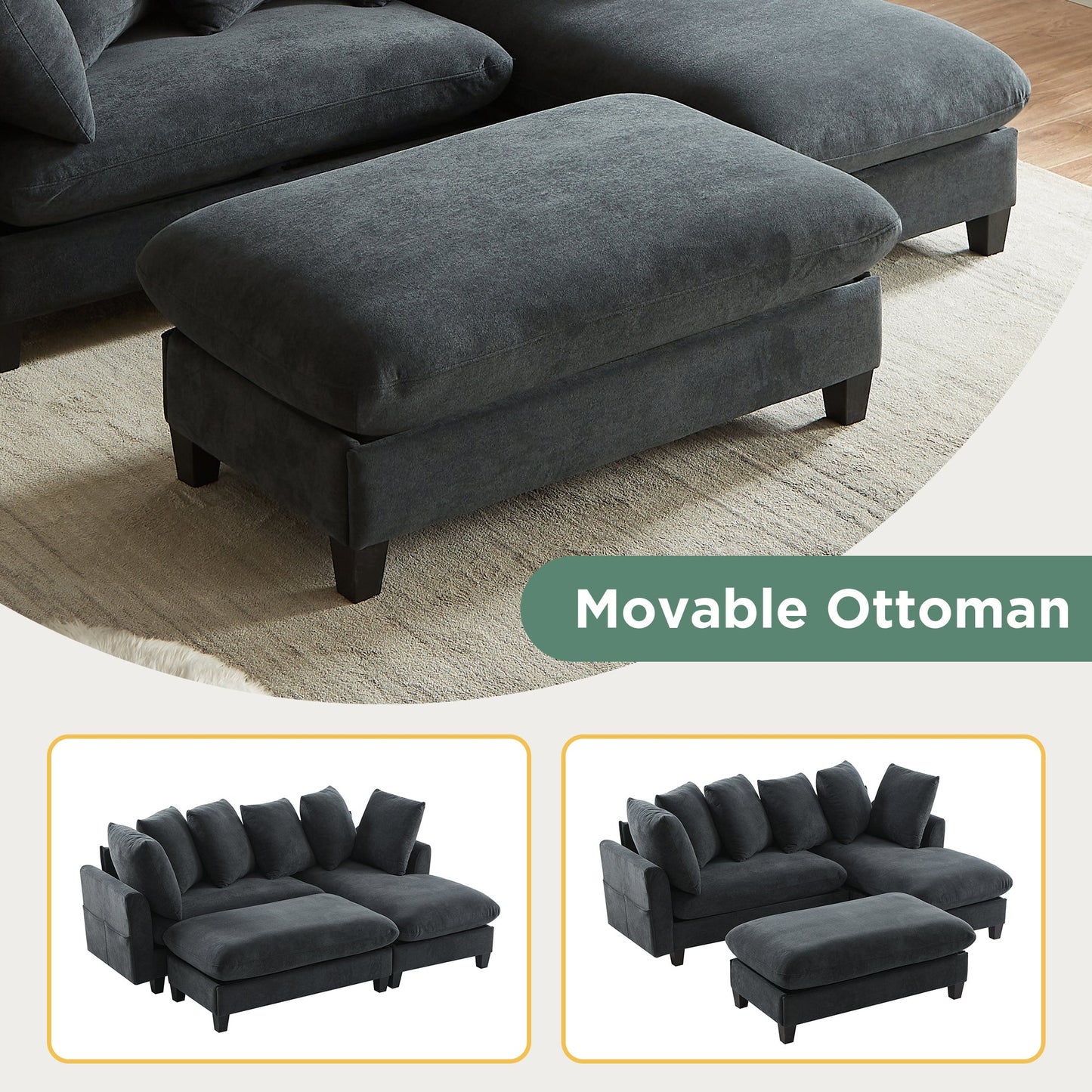Black Upholstered 83' L-Shaped Sectional Sofa With Storage, Movable Ottoman, and Six Throw Pillows